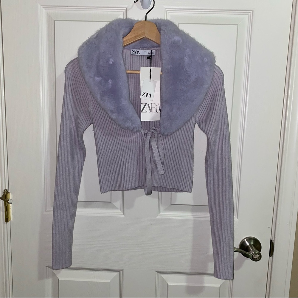 ZARA purple faux fur trim knit cardigan (like new)